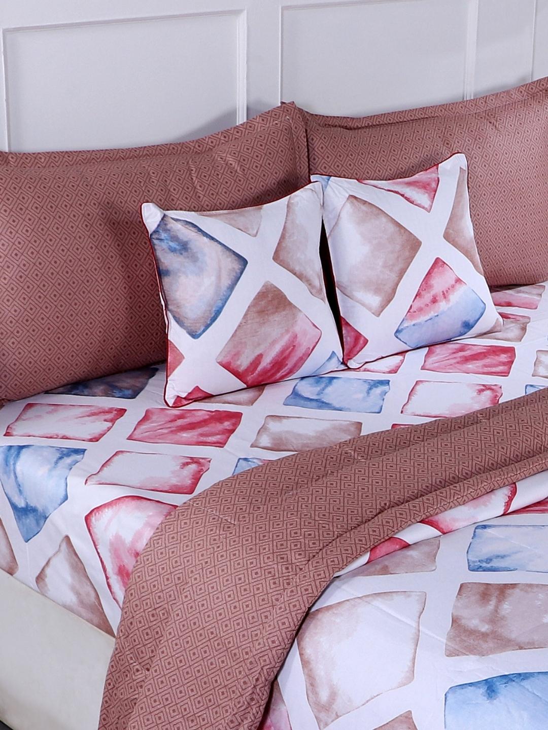 Cotton 6 Pcs Double Bed Bedding Set-Blue and Grey-Red and Brown