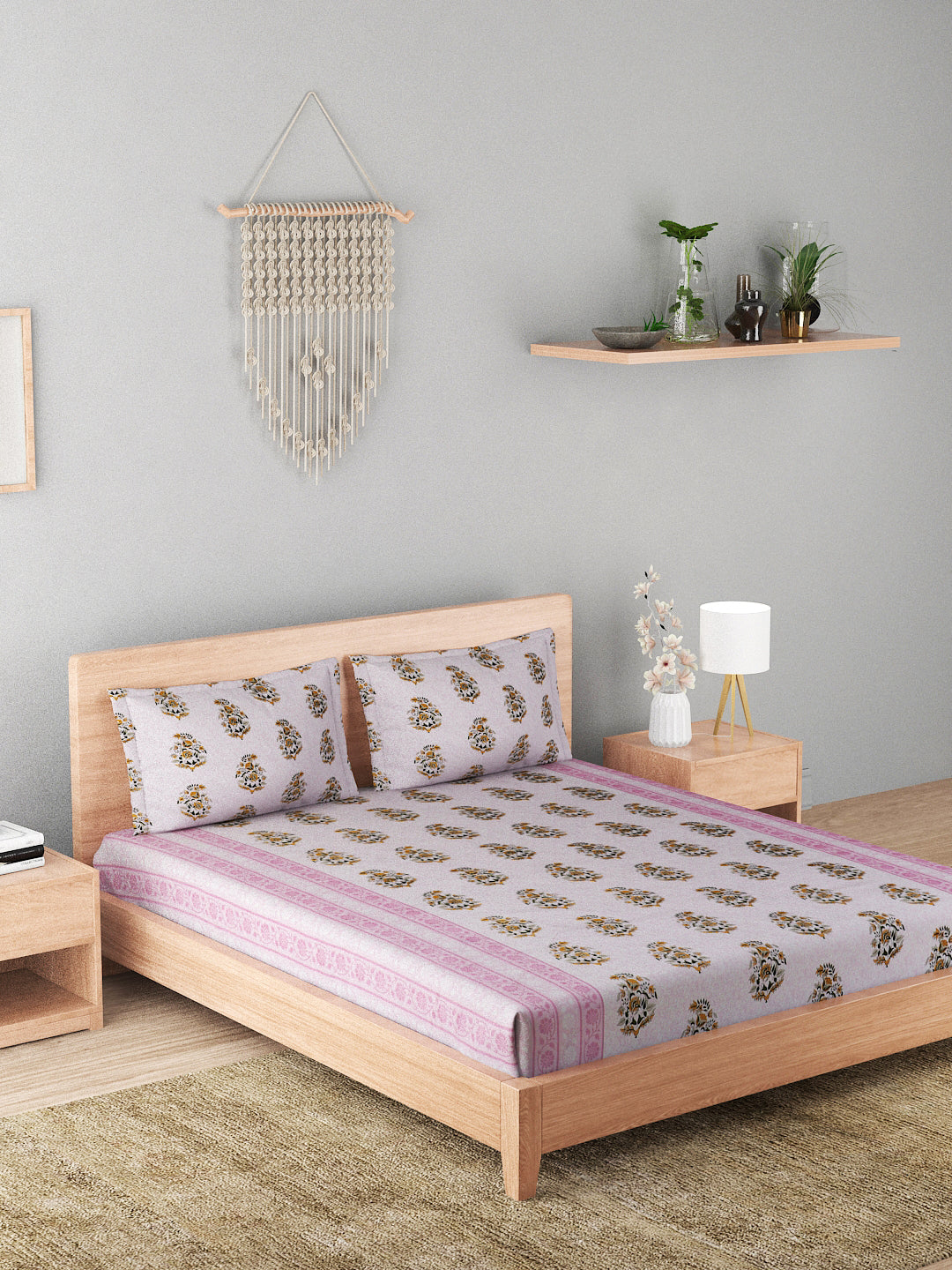 180 TC Double Bed Cotton Bedsheet with 2 Pillow Covers-Floral Pink