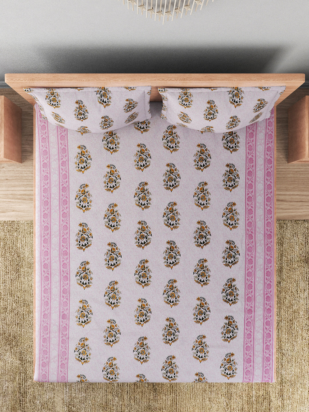 180 TC Double Bed Cotton Bedsheet with 2 Pillow Covers-Floral Pink