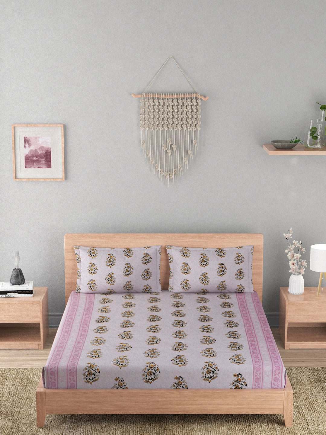 180 TC Double Bed Cotton Bedsheet with 2 Pillow Covers-Floral Pink