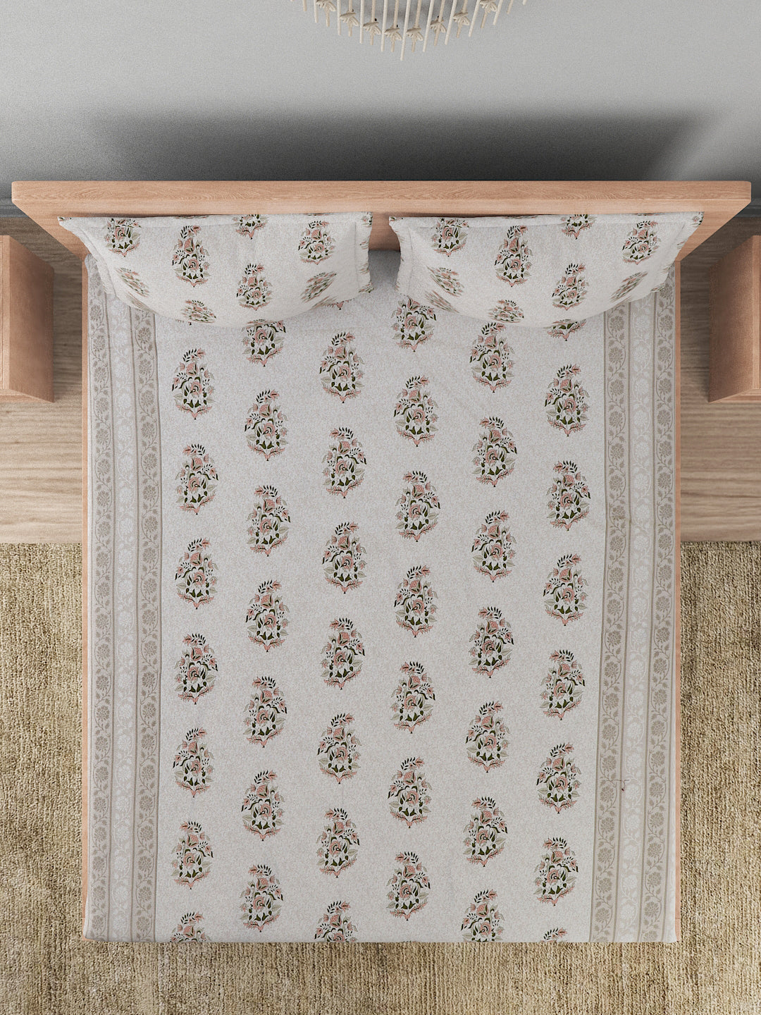 180 TC Double Bed Cotton Bedsheet with 2 Pillow Covers-Floral Grey