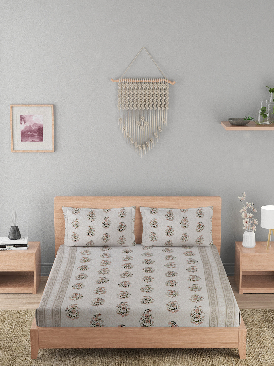 180 TC Double Bed Cotton Bedsheet with 2 Pillow Covers-Floral Grey