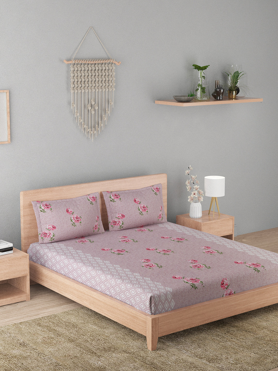 180 TC Double Bed Cotton Bedsheet with 2 Pillow Covers-Floral Light Magenta