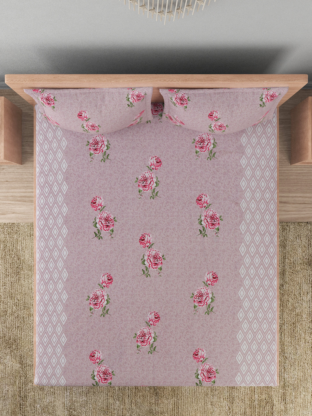 180 TC Double Bed Cotton Bedsheet with 2 Pillow Covers-Floral Light Magenta