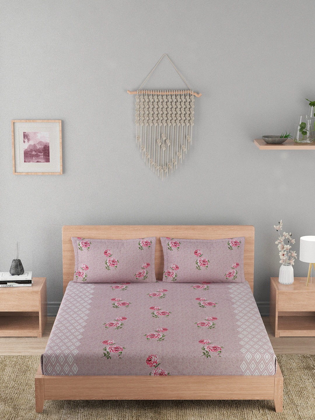 180 TC Double Bed Cotton Bedsheet with 2 Pillow Covers-Floral Light Magenta