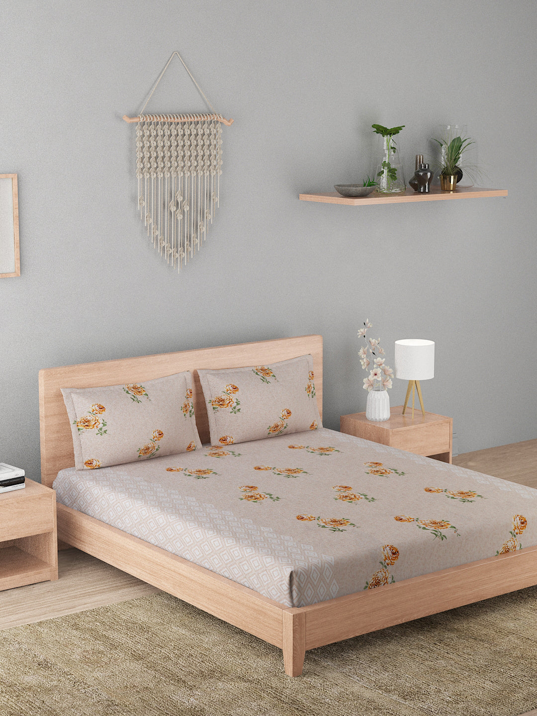 180 TC Double Bed Cotton Bedsheet with 2 Pillow Covers-Floral Light Mustard