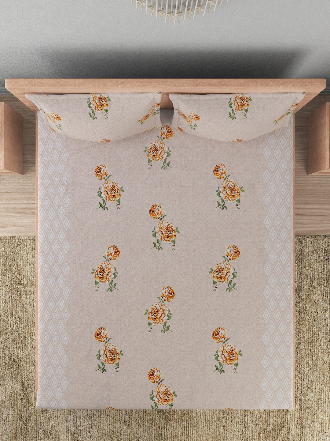 180 TC Double Bed Cotton Bedsheet with 2 Pillow Covers-Floral Light Mustard
