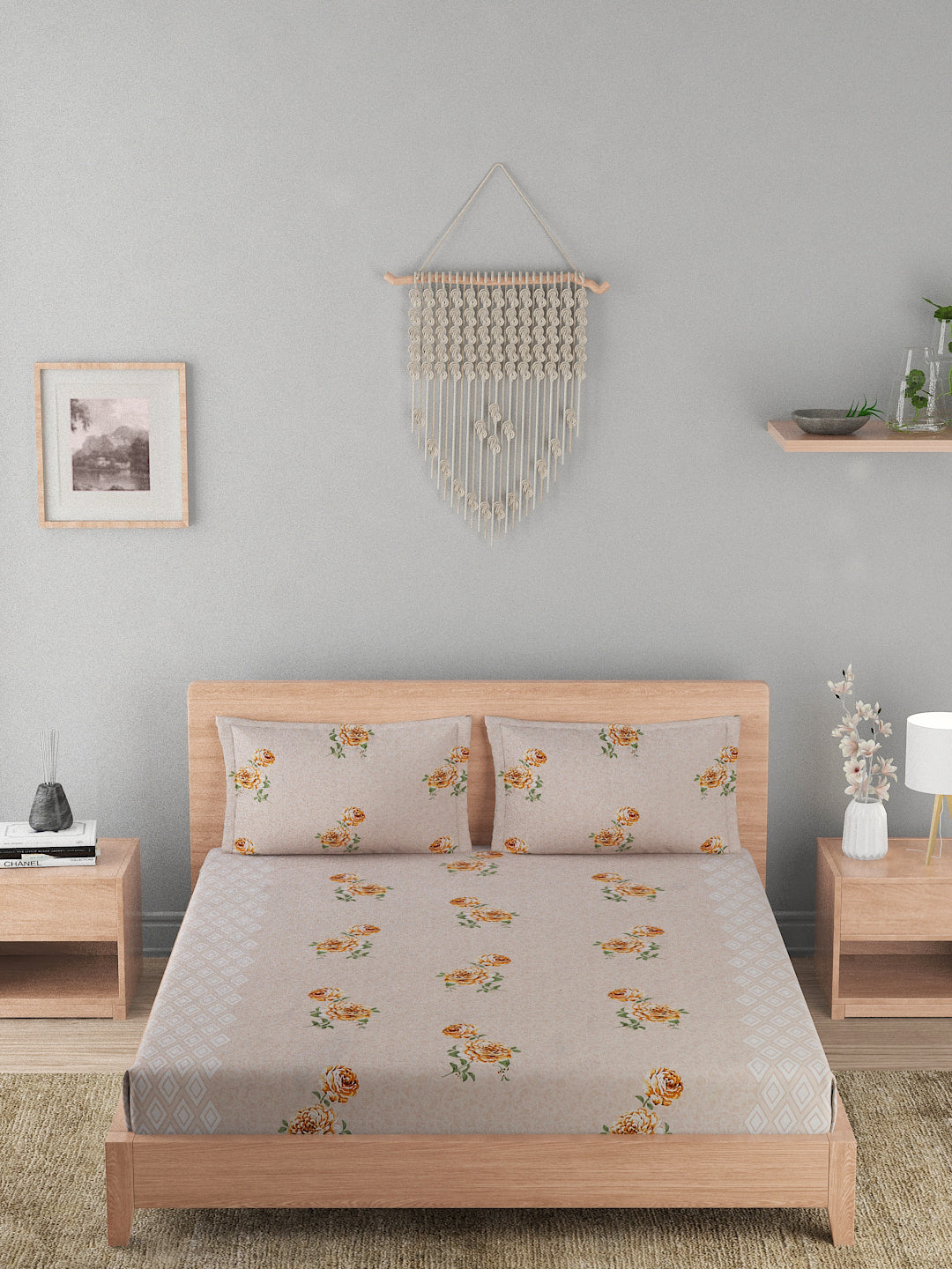 180 TC Double Bed Cotton Bedsheet with 2 Pillow Covers-Floral Light Mustard