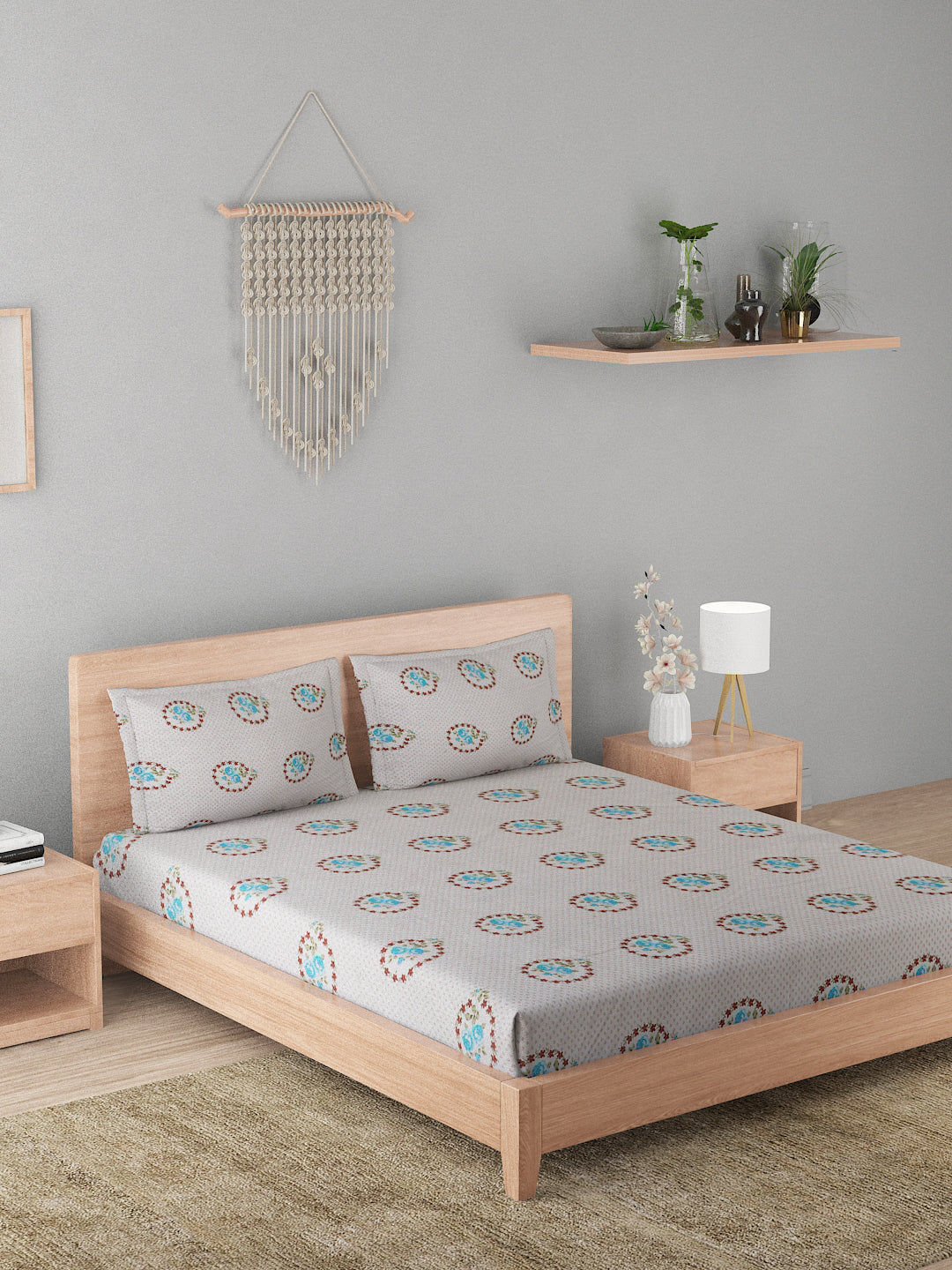 180 TC Double Bed Cotton Bedsheet with 2 Pillow Covers-White, Blue