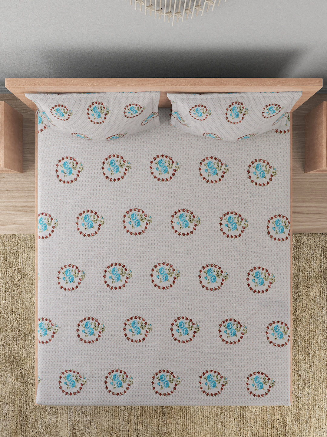 180 TC Double Bed Cotton Bedsheet with 2 Pillow Covers-White, Blue