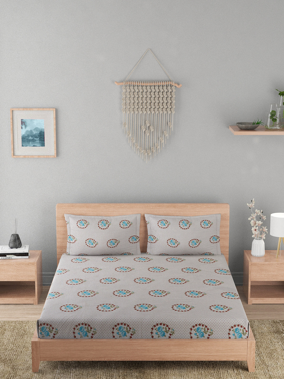 180 TC Double Bed Cotton Bedsheet with 2 Pillow Covers-White, Blue