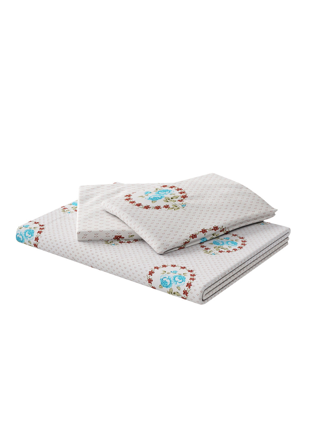 180 TC Double Bed Cotton Bedsheet with 2 Pillow Covers-White, Blue