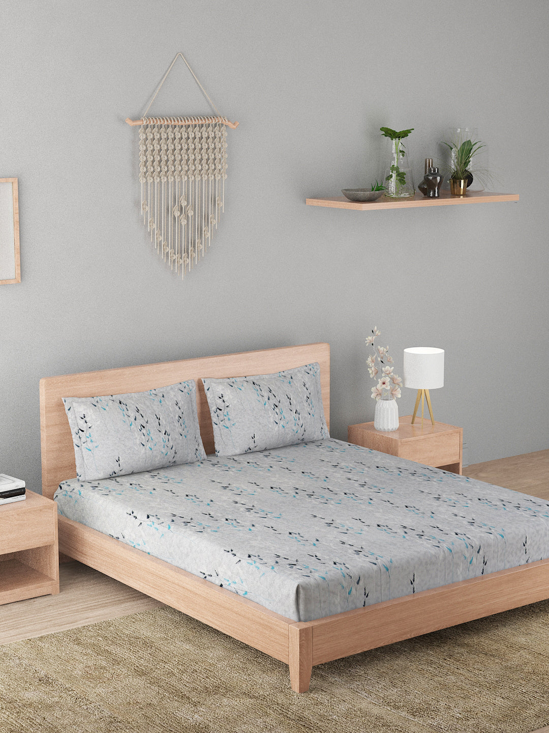 180 TC Double Bed Cotton Bedsheet with 2 Pillow Covers-Grey