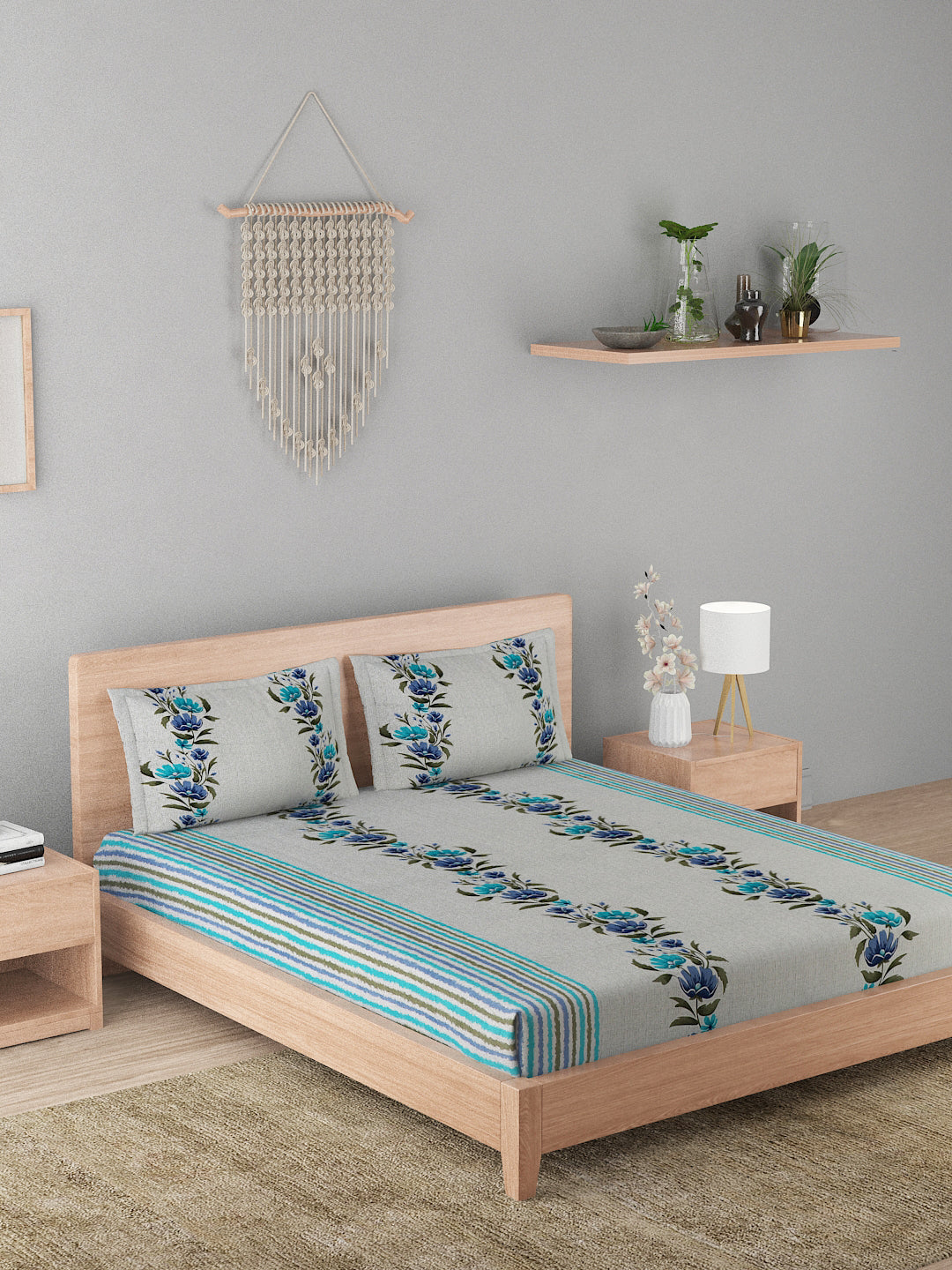 180 TC Double Bed Cotton Bedsheet with 2 Pillow Covers-Blue