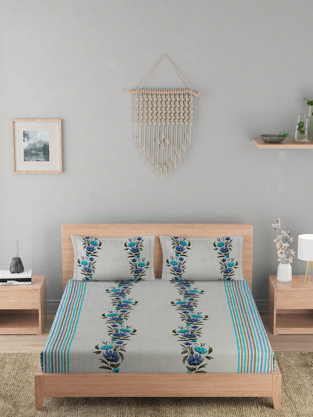 180 TC Double Bed Cotton Bedsheet with 2 Pillow Covers-Blue