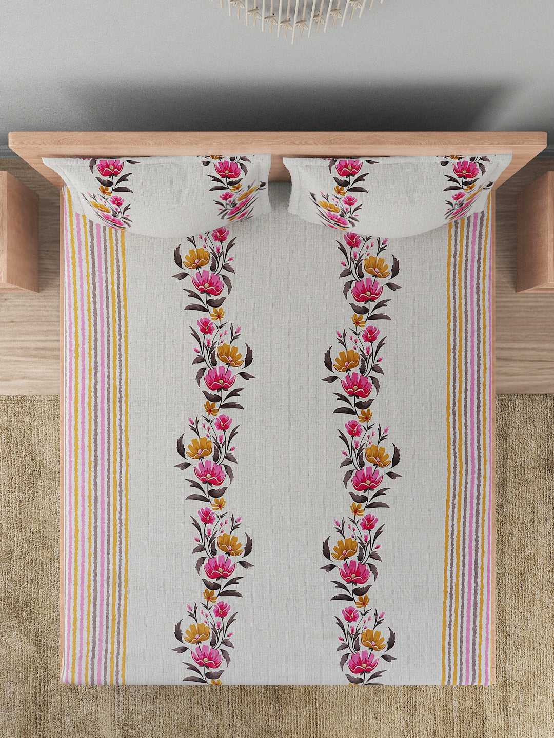 180 TC Double Bed Cotton Bedsheet with 2 Pillow Covers-Pink and Lavender