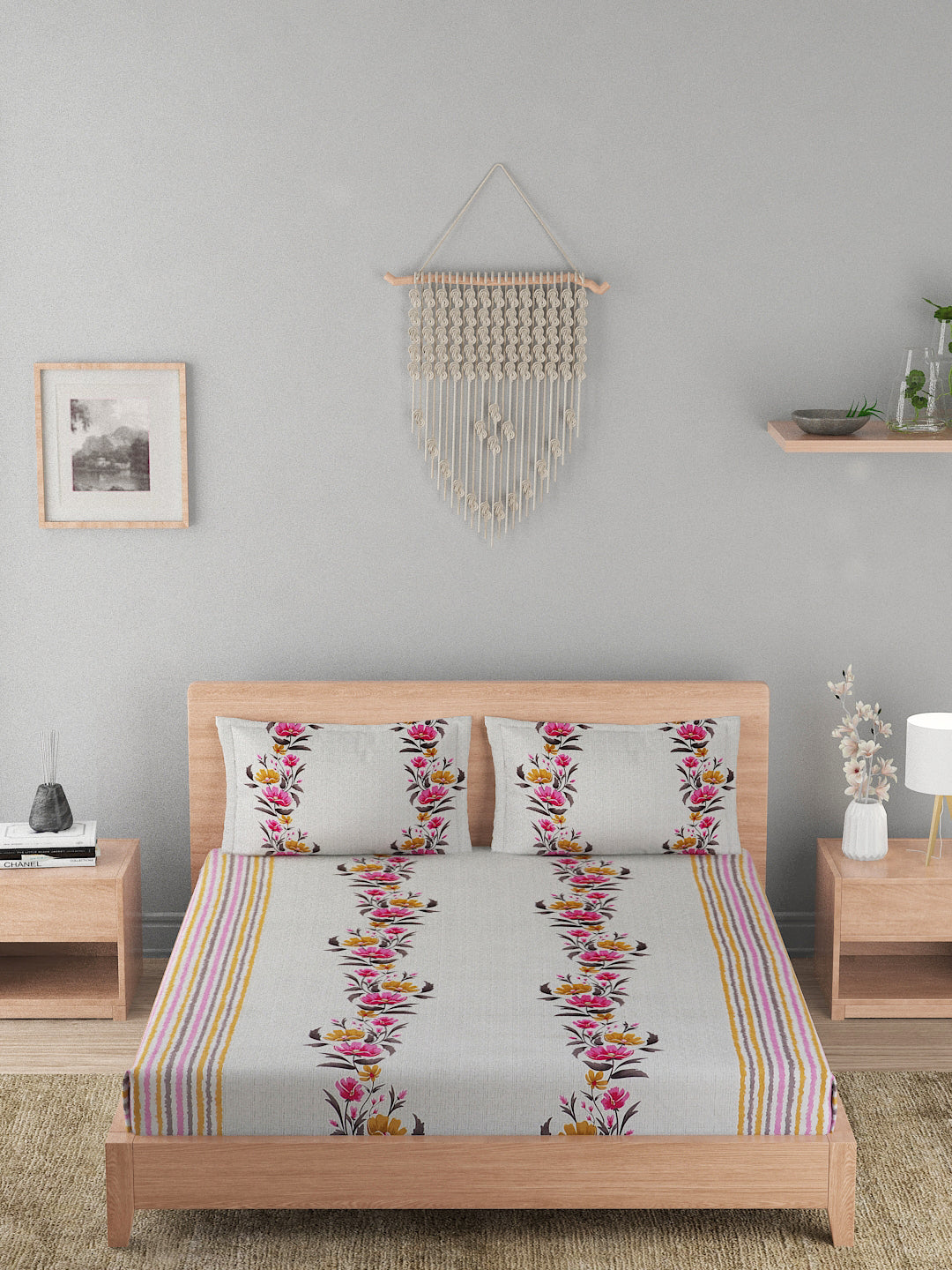 180 TC Double Bed Cotton Bedsheet with 2 Pillow Covers-Pink and Lavender