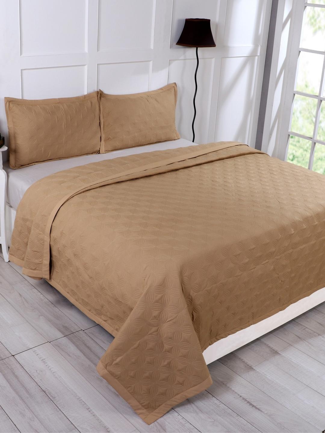 Double Bed Embroidered and Quilted Bedcover Set-Camel