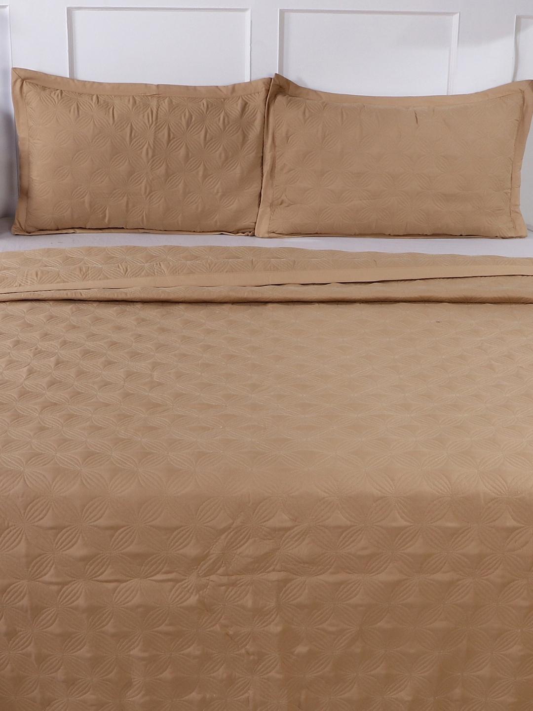 Double Bed Embroidered and Quilted Bedcover Set-Camel