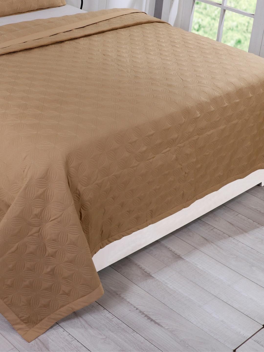 Double Bed Embroidered and Quilted Bedcover Set-Camel