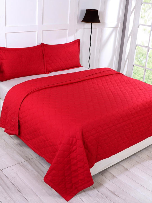 Double Bed Embroidered and Quilted Bedcover Set-Red