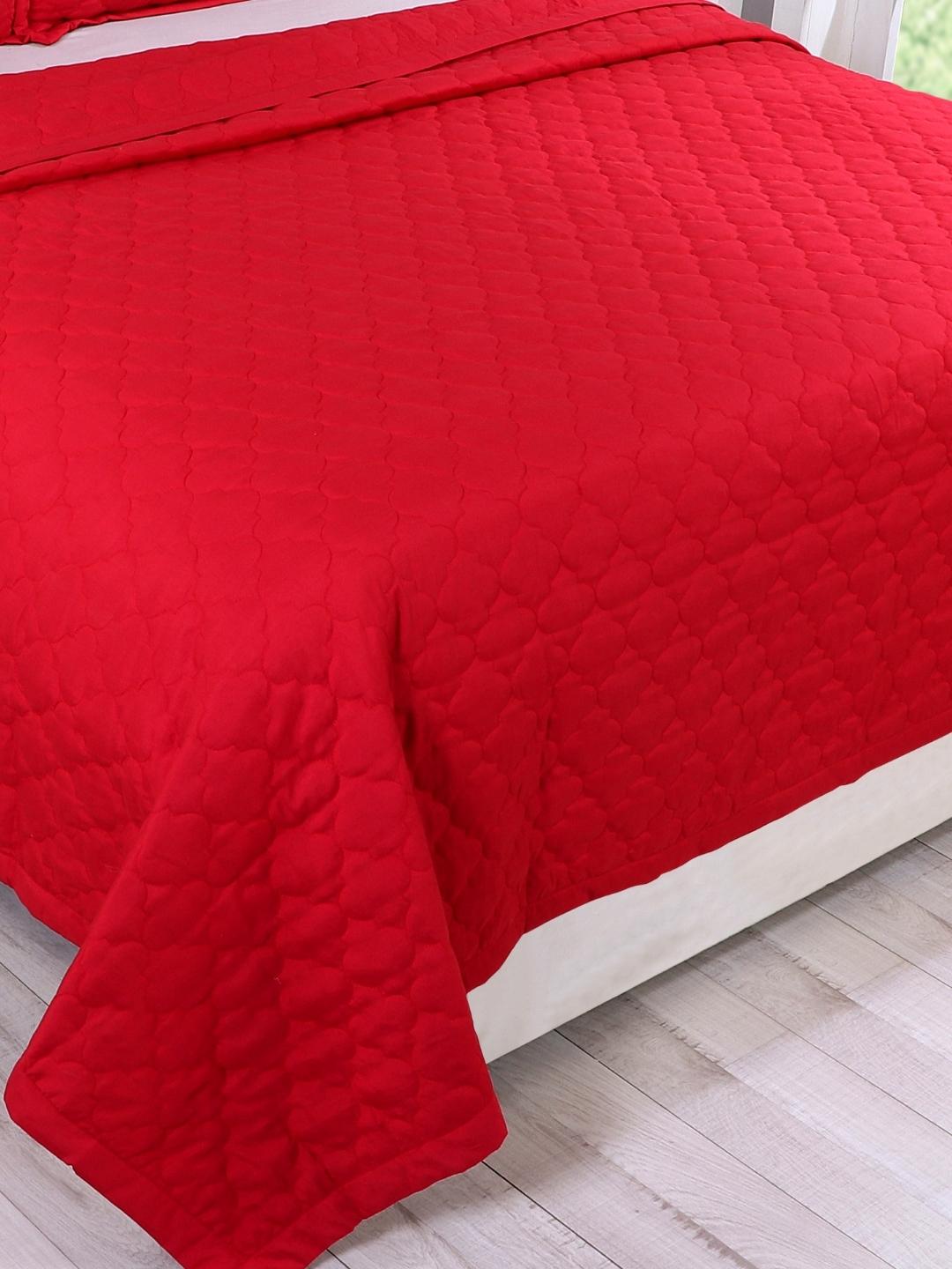 Double Bed Embroidered and Quilted Bedcover Set-Red