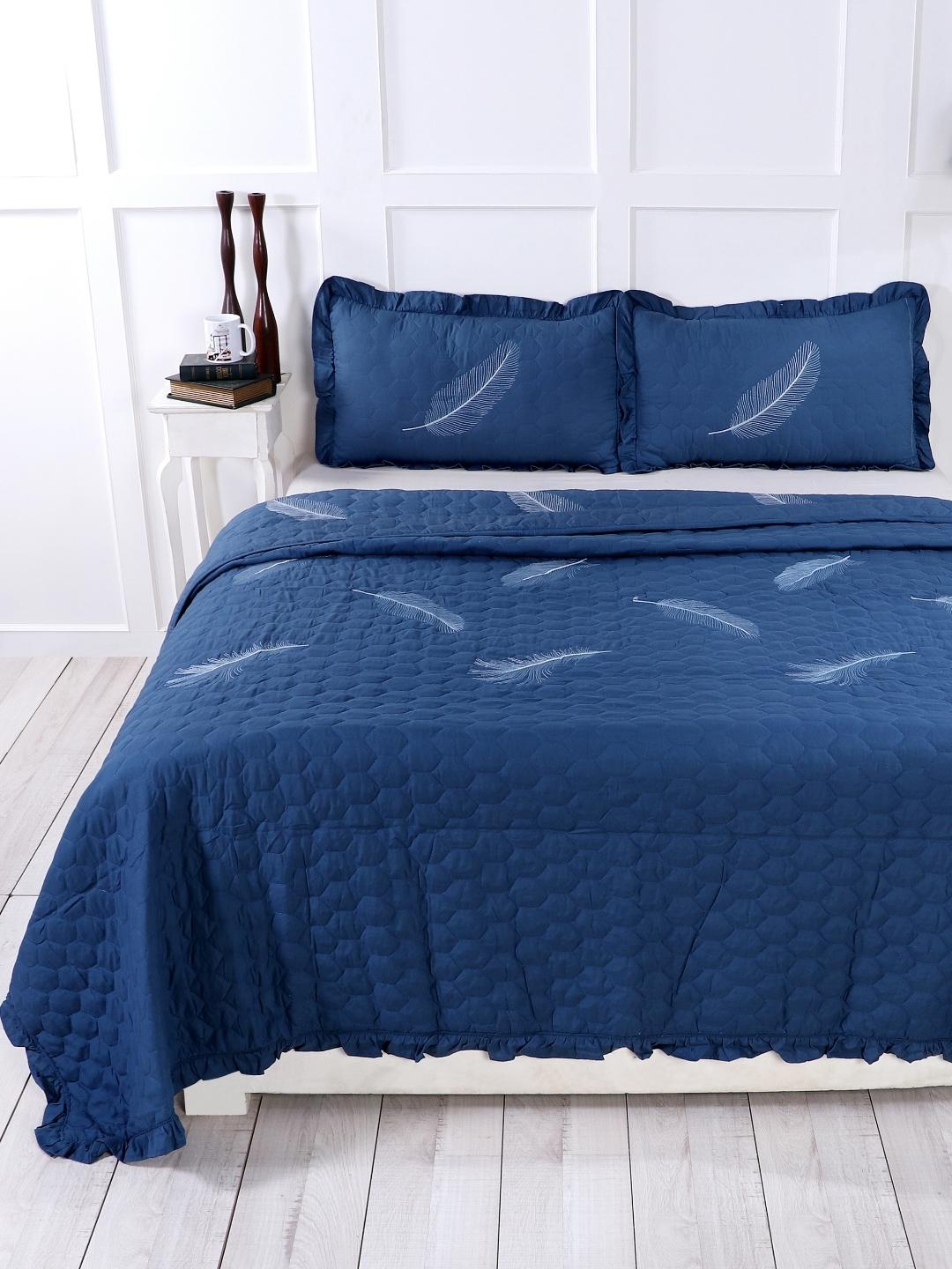 Double Bed Embroidered and Quilted Bedcover Set-Navy Blue