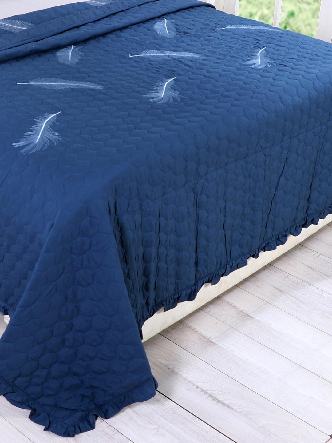 Double Bed Embroidered and Quilted Bedcover Set-Navy Blue