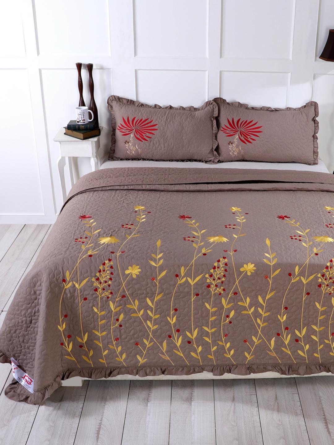 Double Bed Embroidered and Quilted Bedcover Set-Khakhi Brown