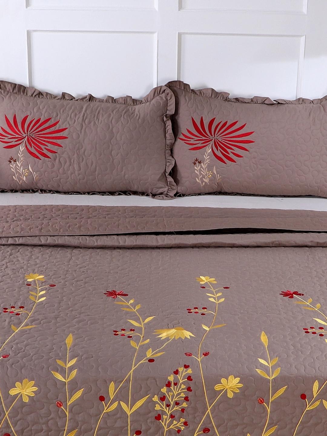 Double Bed Embroidered and Quilted Bedcover Set-Khakhi Brown