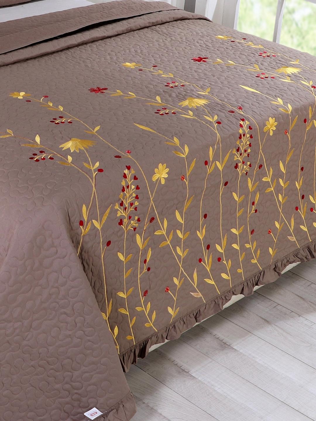 Double Bed Embroidered and Quilted Bedcover Set-Khakhi Brown