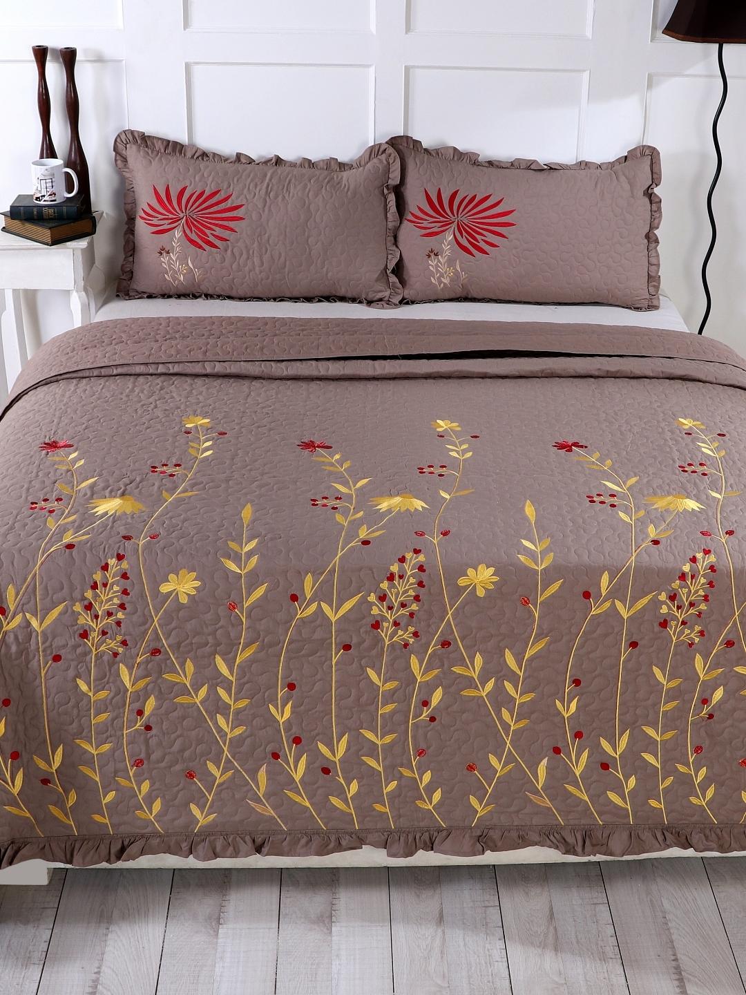Double Bed Embroidered and Quilted Bedcover Set-Khakhi Brown