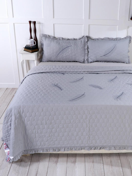 Double Bed Embroidered and Quilted Bedcover Set-Silver Grey
