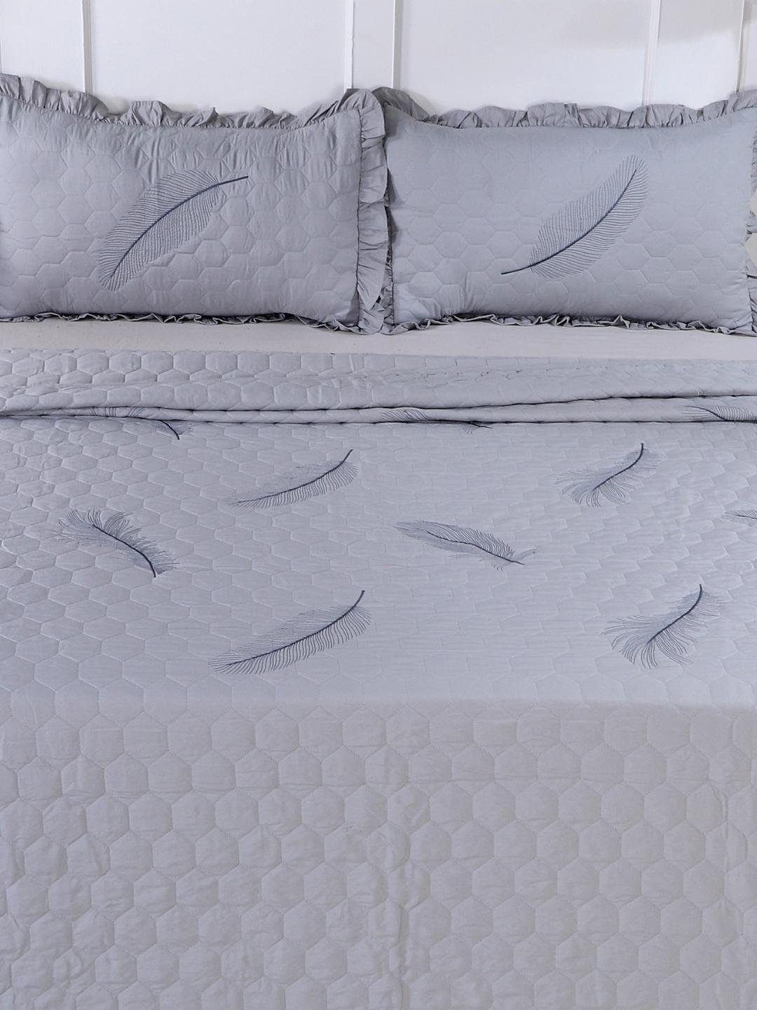 Double Bed Embroidered and Quilted Bedcover Set-Silver Grey