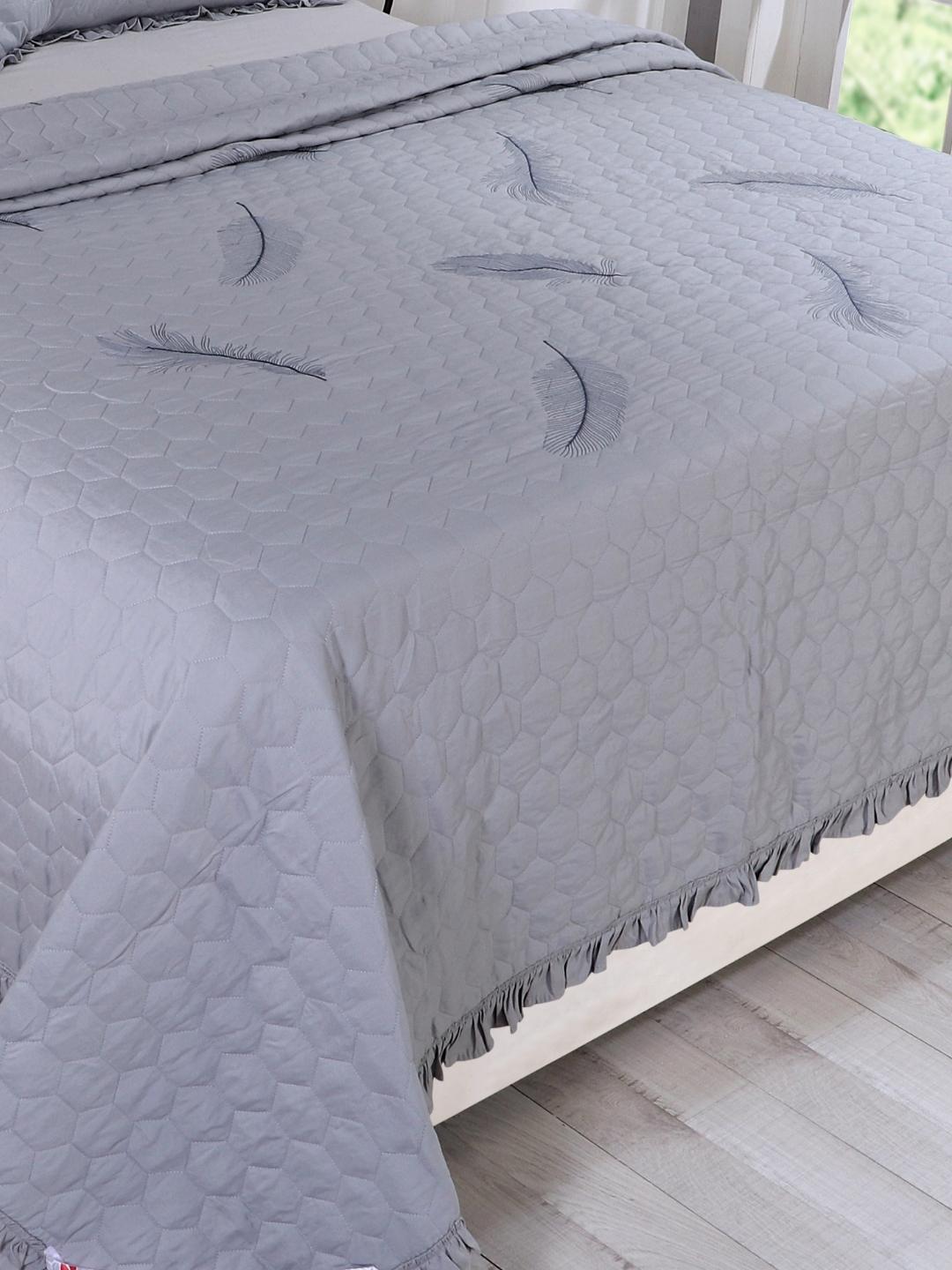 Double Bed Embroidered and Quilted Bedcover Set-Silver Grey