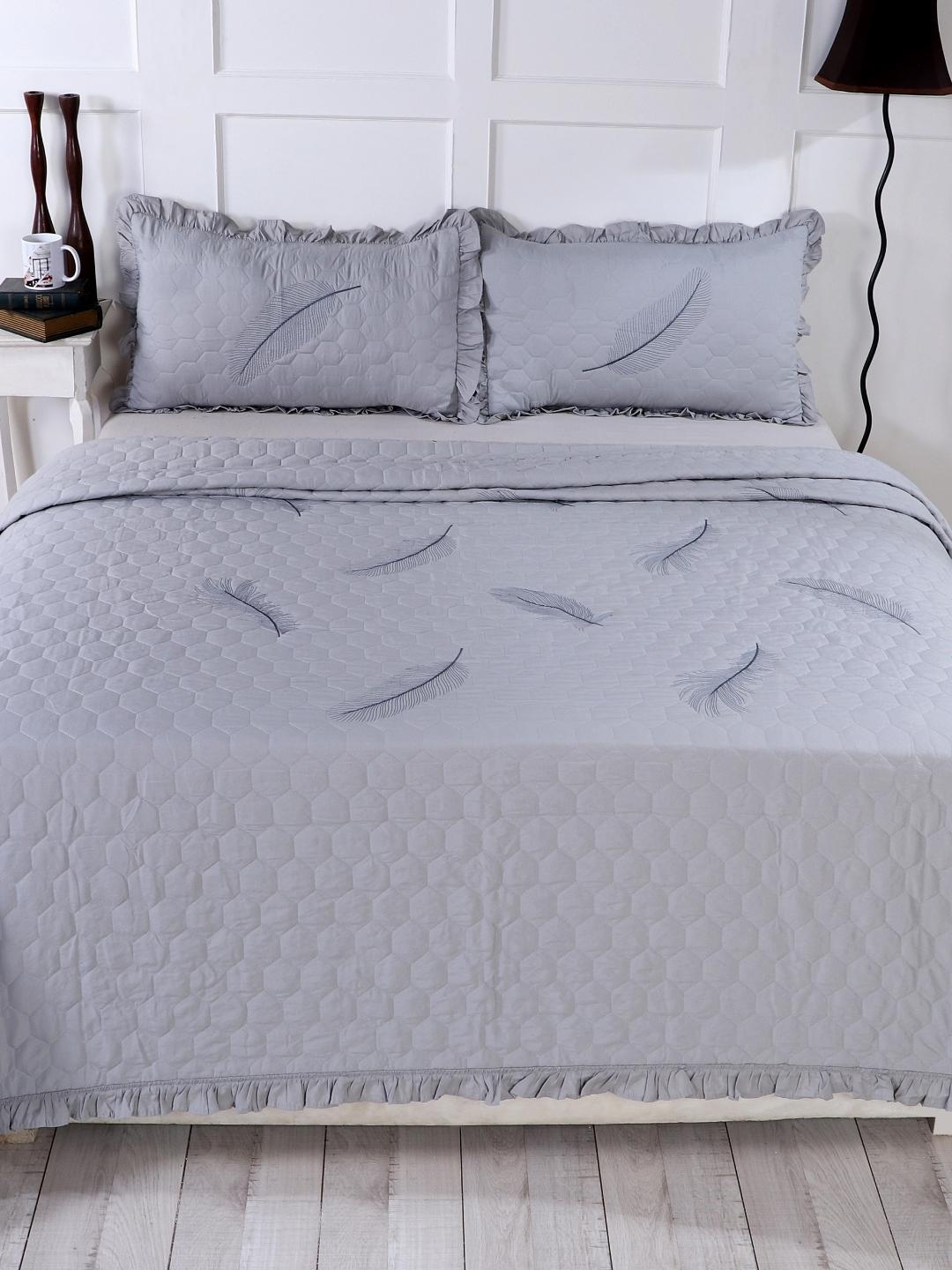 Double Bed Embroidered and Quilted Bedcover Set-Silver Grey