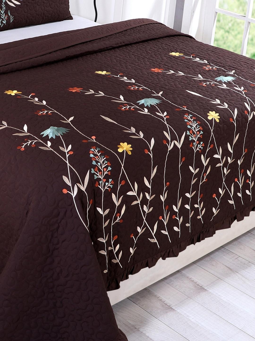 Double Bed Embroidered and Quilted Bedcover Set-Dark Brown