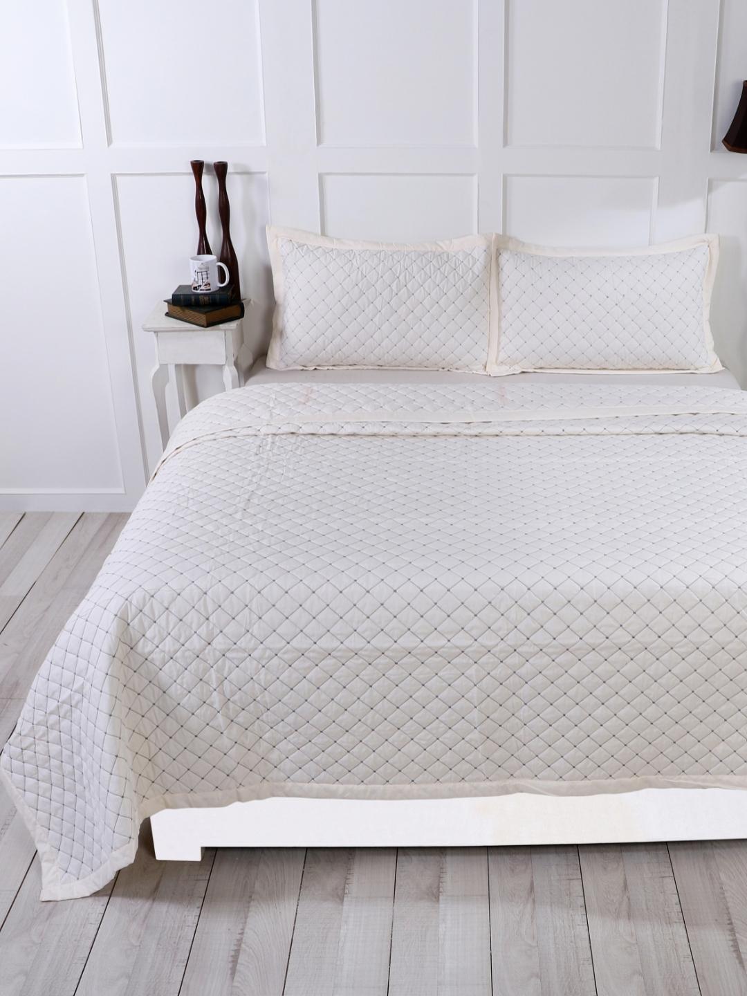 Double Bed Embroidered and Quilted Bedcover Set-Pearl White