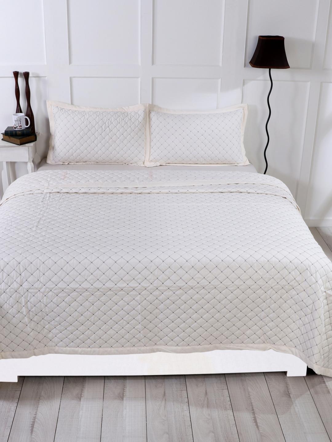Double Bed Embroidered and Quilted Bedcover Set-Pearl White