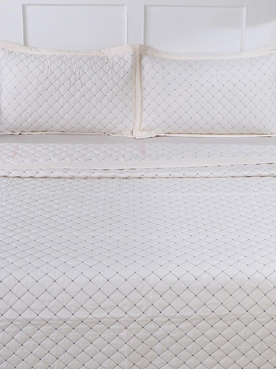 Double Bed Embroidered and Quilted Bedcover Set-Pearl White