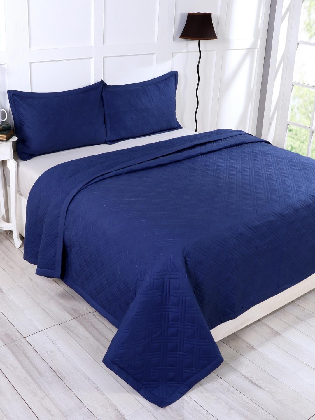 Double Bed Embroidered and Quilted Bedcover Set-Deep Blue