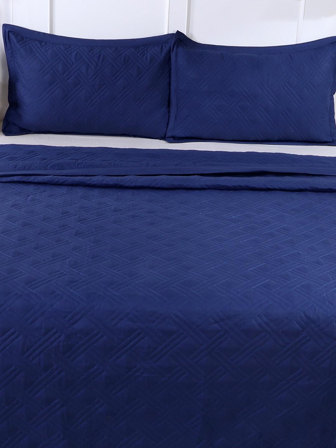Double Bed Embroidered and Quilted Bedcover Set-Deep Blue