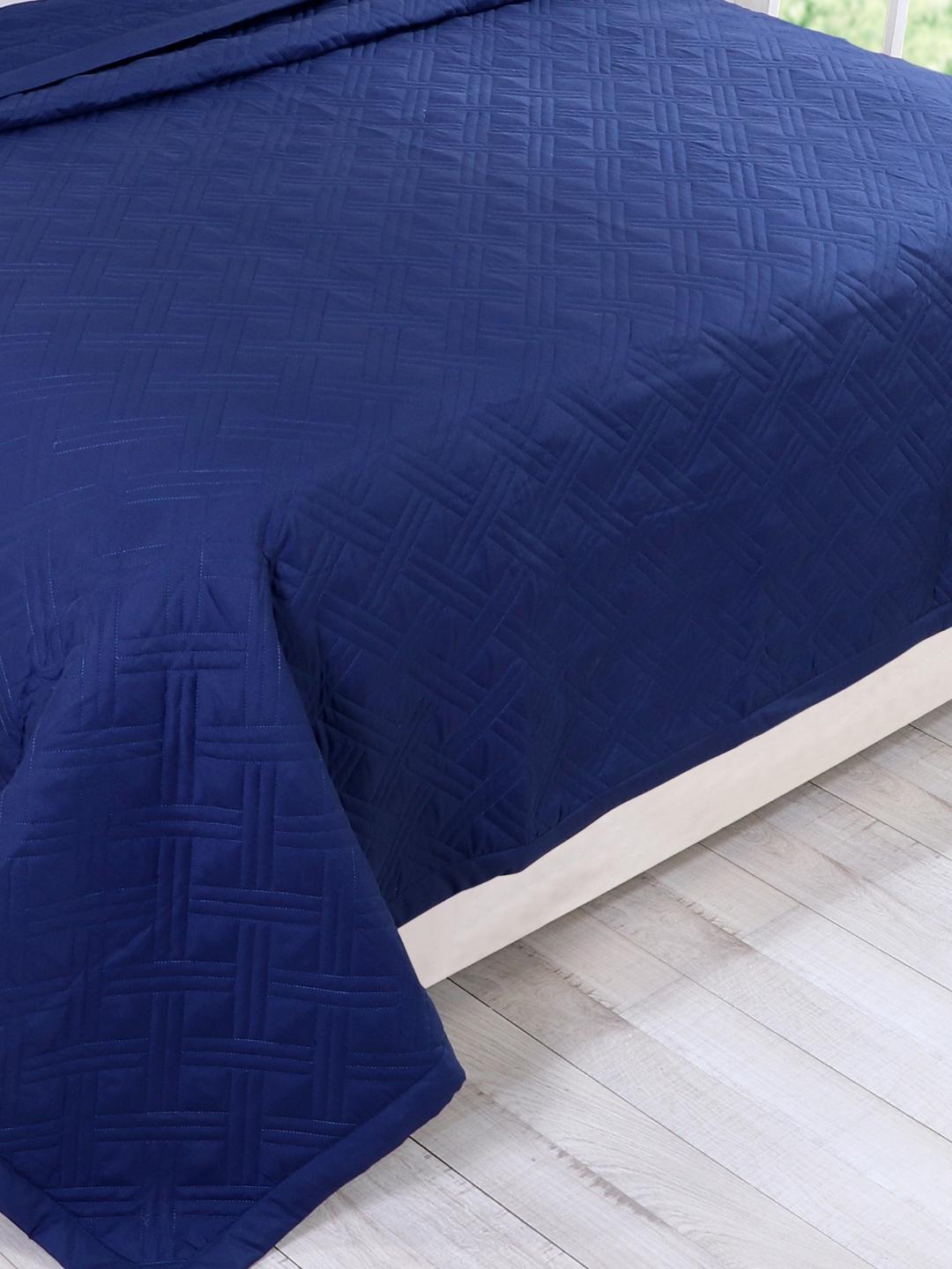 Double Bed Embroidered and Quilted Bedcover Set-Deep Blue