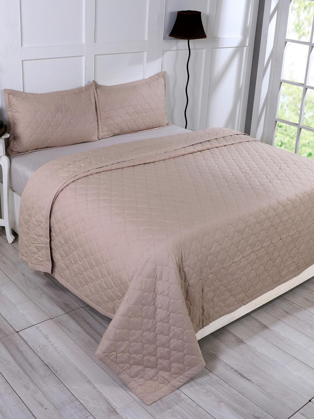 Double Bed Embroidered and Quilted Bedcover Set-Taupe