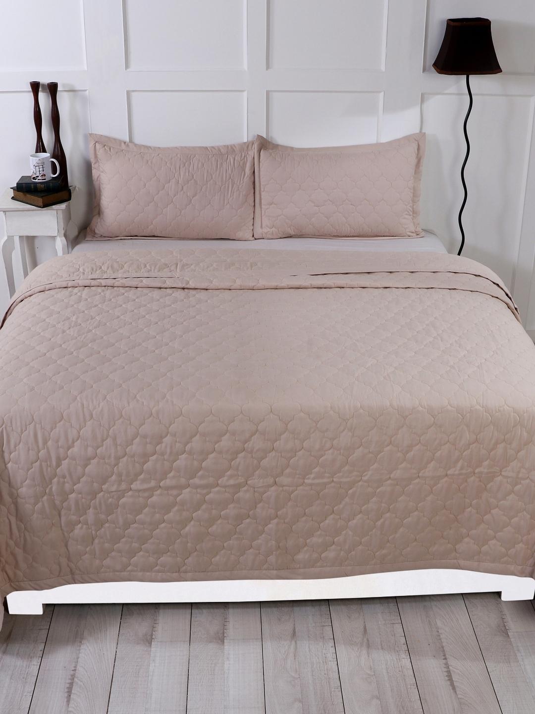 Double Bed Embroidered and Quilted Bedcover Set-Taupe