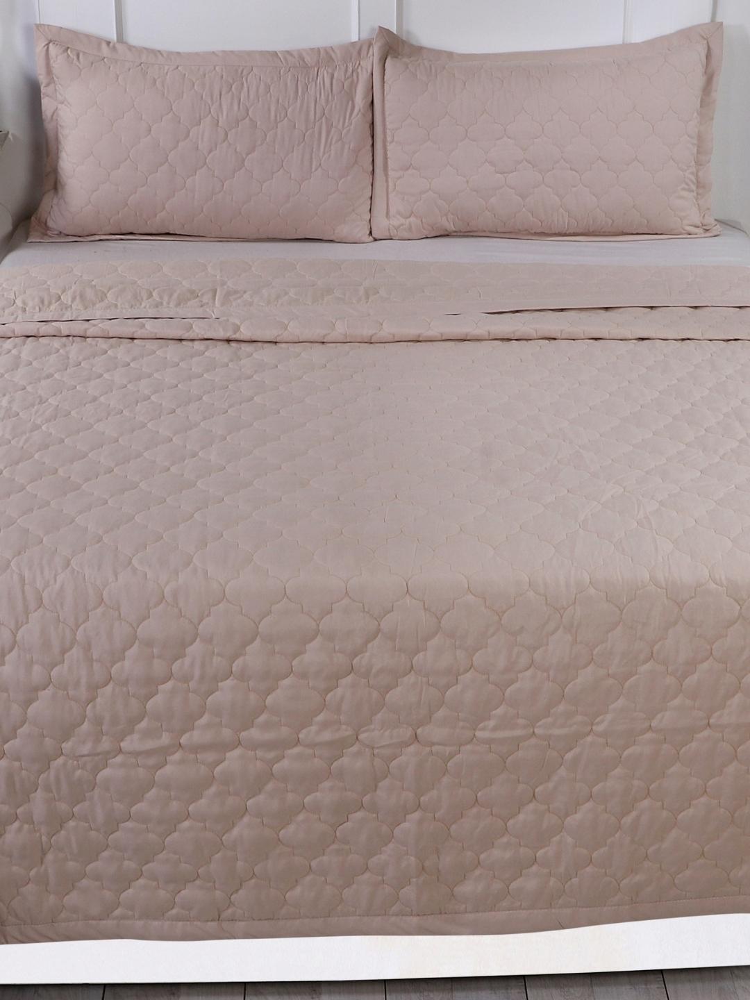 Double Bed Embroidered and Quilted Bedcover Set-Taupe