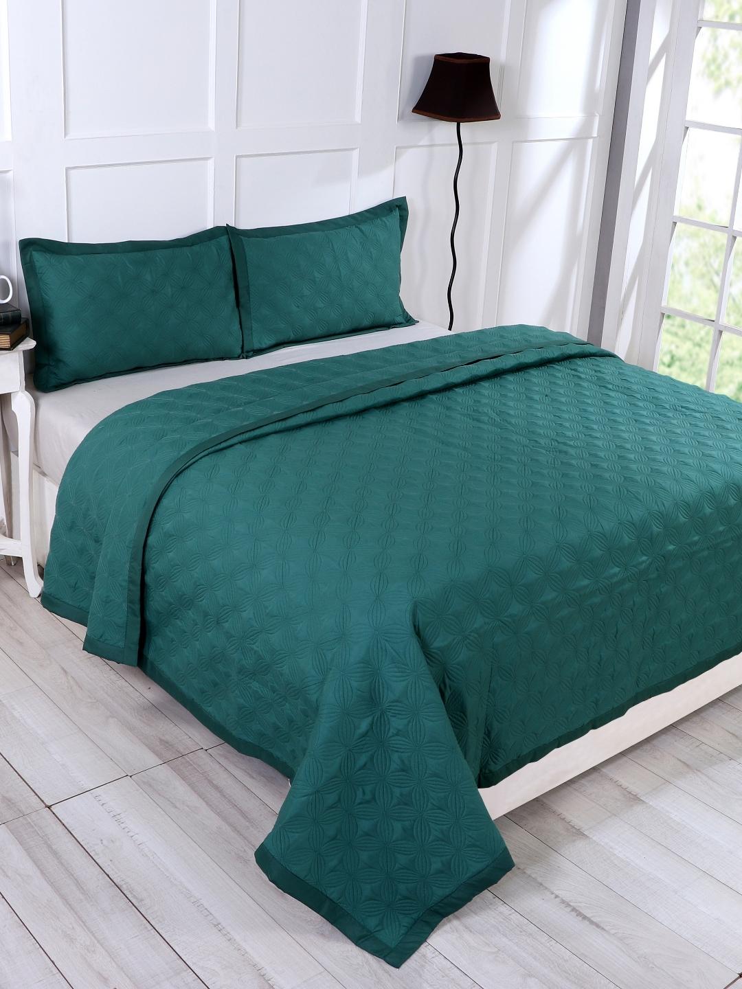 Double Bed Embroidered and Quilted Bedcover Set-Royal Green