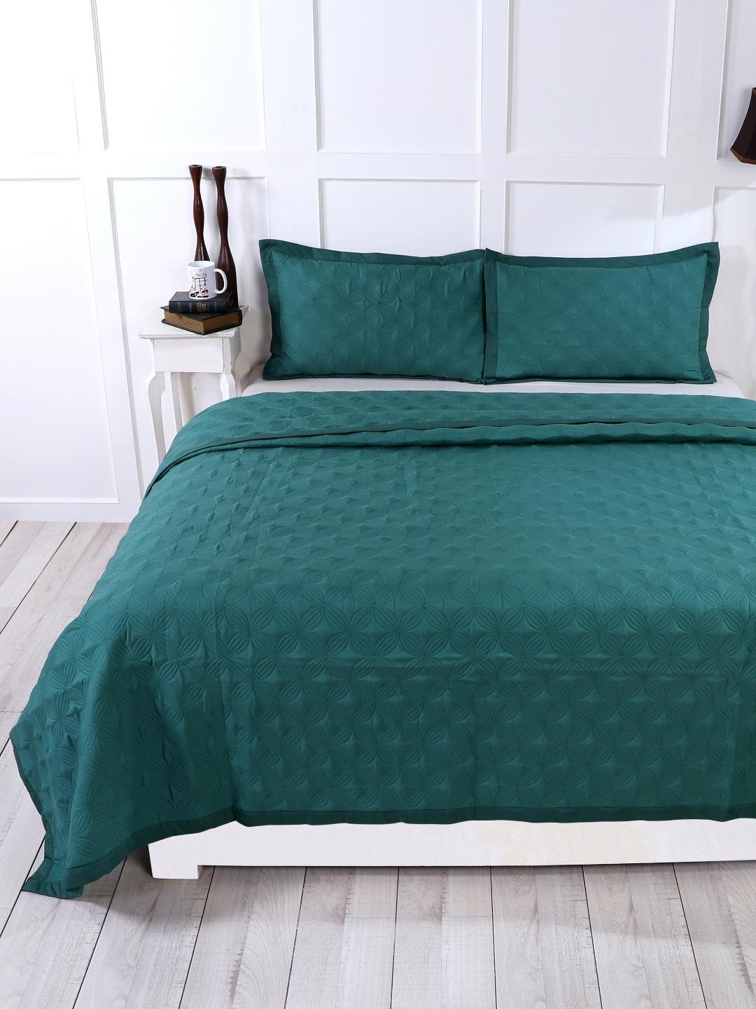 Double Bed Embroidered and Quilted Bedcover Set-Royal Green