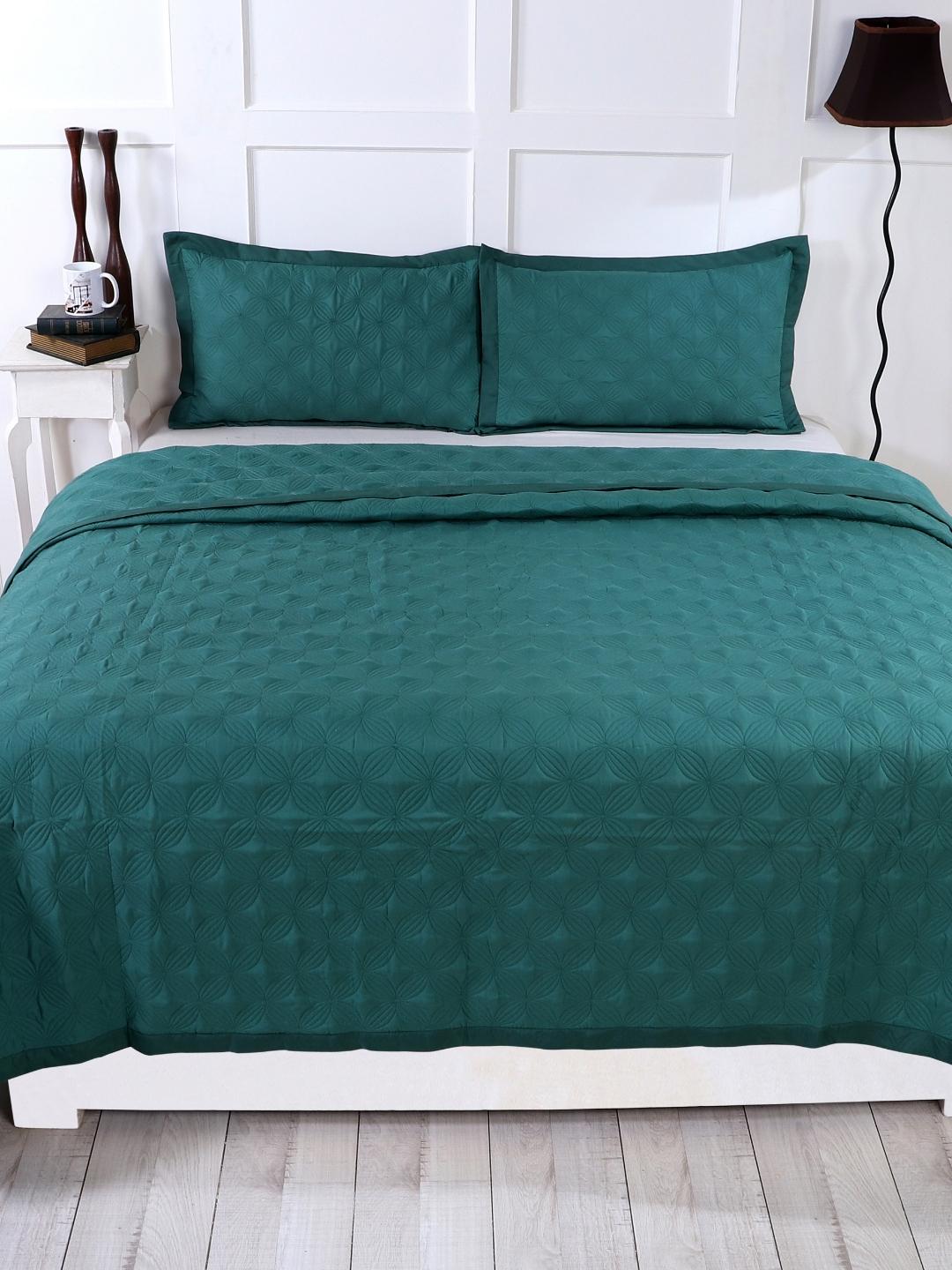 Double Bed Embroidered and Quilted Bedcover Set-Royal Green