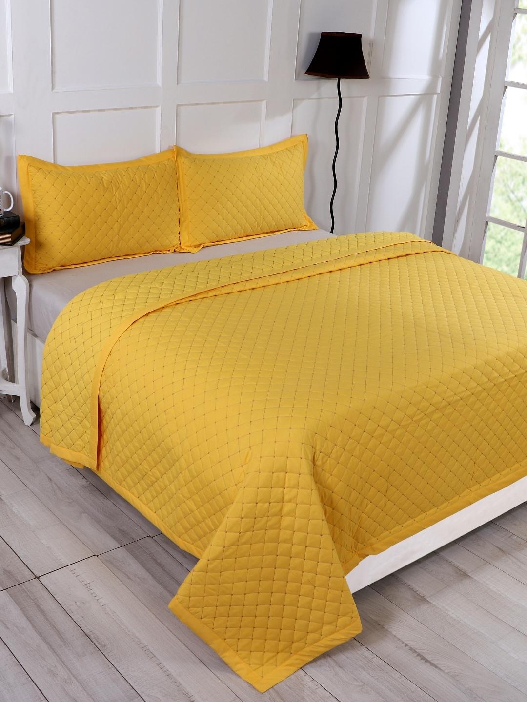 Double Bed Embroidered and Quilted Bedcover Set-Mustard Yellow